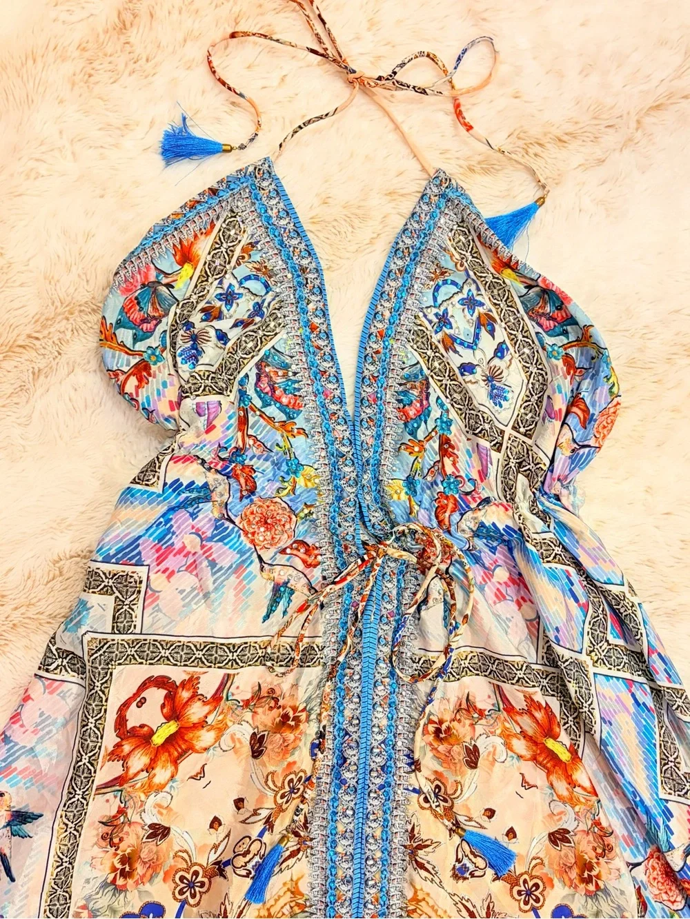 ๐ง๐ผ Y2K Fairycore Sequin Beaded Sakkas Halter Maxi Dress Euro Summer Boho Floral - Picture 2 of 16